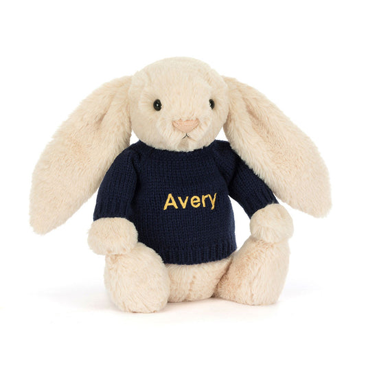 Bashful Luxe Bunny Willow with Personalised Navy Jumper, Main View