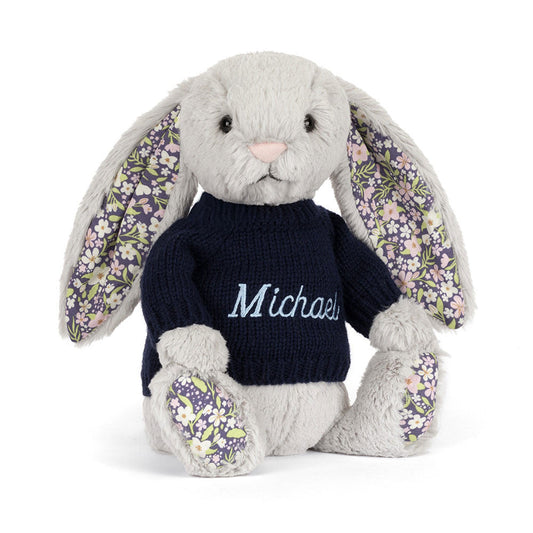 Blossom Silver Bunny 'Bloom' with Personalised Navy Jumper, Main View