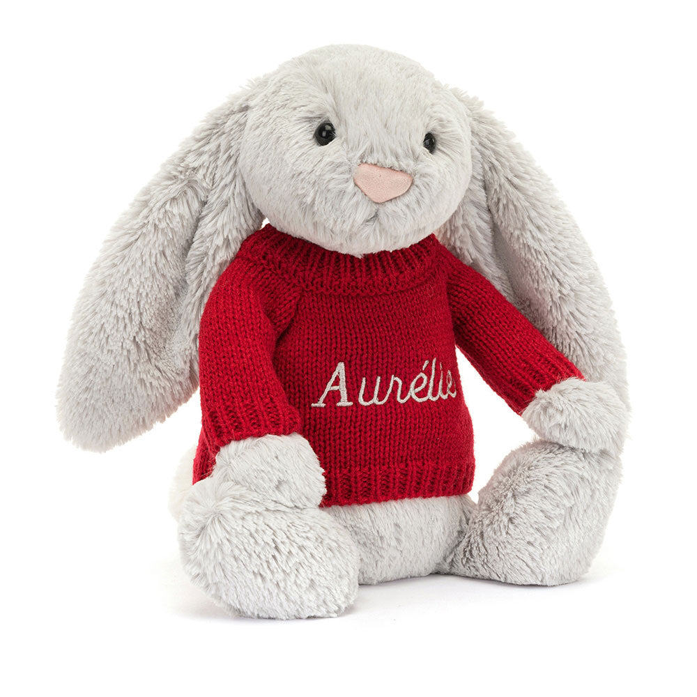 Bashful Silver Bunny with Personalised Red Jumper, View 4