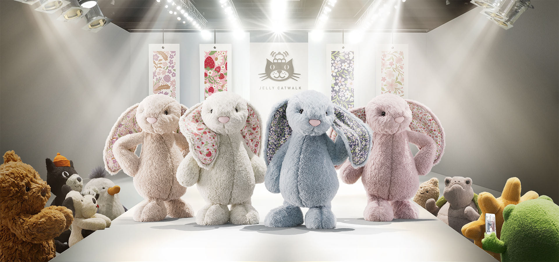 Jellycat bunny characters on a bright runway