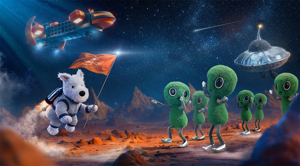 Jellycat characters landing in outer space